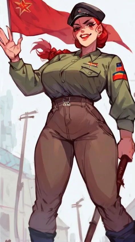 1girl, soviet propaganda poster of a nude woman, in her 20s, cleavage, holding a soviet flag, lifting arm, (armpit:1.1), surrounded by a crowd of people <lora:soviet-poster:0.8>