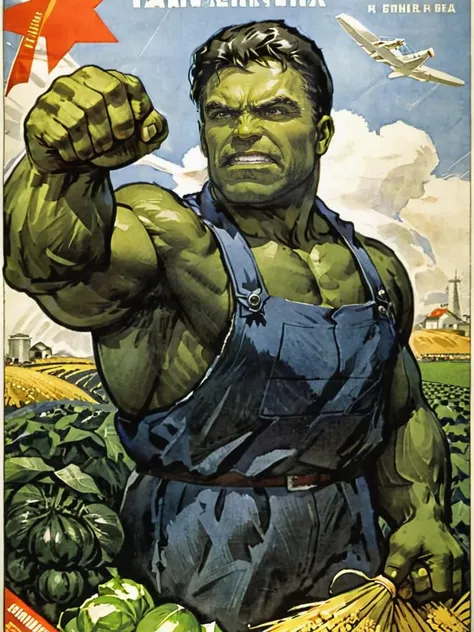 <lora:Soviet-poster:1.0> soviet poster, Hulk collective farmer