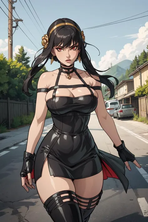 1girl, (solo:1.2), curvy, (masterpiece:1.2), (best quality:1.2), (perfect anatomy:1.4), (interacting with the viewer while facing him in a dynamic pose in motion), (large breasts:1.4), (cowboy shot:1.4), <lora:Sulcate [MockAi - v1.0]:0.8> sulcate, cell shading, simple shading, clean lineart, (rural street:1.2), trees, japanese countryside, Utility pole,, <lora:Yor Briar [h_madoka - v1.0]:0.8> aayorf, sidelocks, gold hairband, hair ornament, red eyes, gold earring, large breasts, choker, bare shoulders, black dress, two-sided dress, fingerless gloves, thigh boots