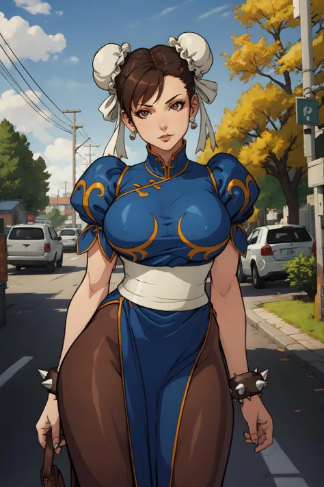 1girl, (solo:1.2), curvy, (masterpiece:1.2), (best quality:1.2), (perfect anatomy:1.4), (seducing the viewer while presenting her beautiful body), (large breasts:1.4), (cowboy shot:1.4), <lora:Sulcate [MockAi - v1.0]:0.8> sulcate, cell shading, simple shading, clean lineart, (rural street:1.2), trees, japanese countryside, Utility pole,, <lora:SF - Chun-Li [FrogTheJam - v1.0]:0.9> chun li, brown eyes, short hair, brown hair, double bun, bun cover, blue dress, pelvic curtain, spiked bracelet, sash, brown pantyhose