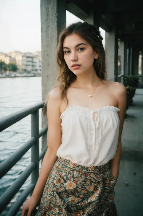 futuraholly10000v5 ,(closeup) Portrait of pretty young (18-year-old) pale milky white skin Caucasian woman ((Lean against a railing, one foot propped up, exuding grace.:1.07)), (flat chest:1.15), outdoor, BREAK (blonde Boho Braids: Loose and bohemian-inspired braids, adorned with delicate flowers or accessories for a free-spirited look.), no makeup, long dainty necklace, ((classy Black strapless dress with sweetheart neckline and feathered skirt - bold and glamorous.)) , <lora:epi_noiseoffset2:1> BREAK (magazine cover:1.10), BREAK (masterpiece, extremely detailed skin, photorealistic, heavy shadow, dramatic and cinematic lighting, key light, fill light), sharp focus, BREAK location is (outdoor Istanbul, Turkey), <lora:InstantPhotoX3:0.7>, <lora:ClothingAdjuster3:-0.7>