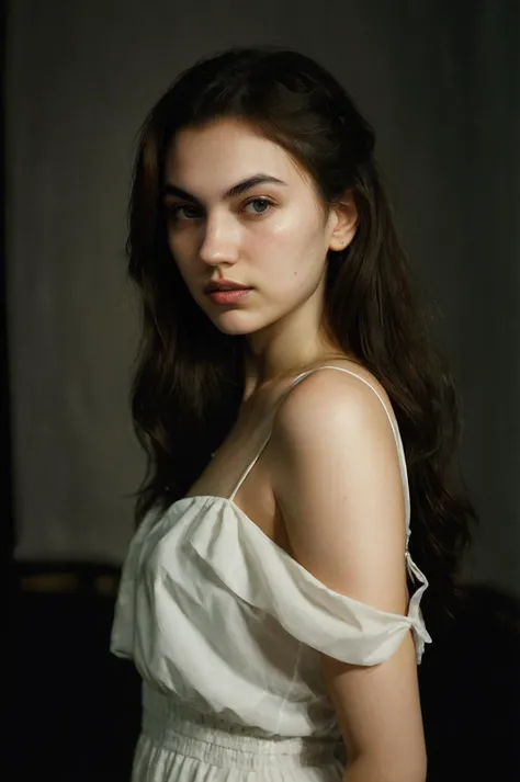 Photograph of a 25 year old woman, (ambivalent facial expression), face looking at camera, full face, portrait, faces are visible more, and the eyes look straight, textured leather, goosebumps, ash blonde mermaid with braid, Perfect eyes, realistic skin texture, too much sweat, (ektachrome), Velvia 100 color, shot with Leica T, hips, sharp focus on the subject, shot by Peter Lindbergh, bright, fair, realistic look, toka on forehead, nose jewelry, big lips, red lipstick, pink slip,