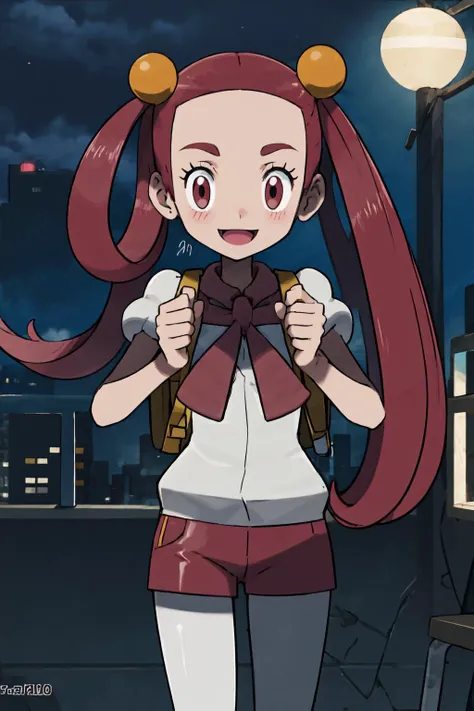 masterpiece, best quality, looking at viewer, facing viewer, nice hands, perfect hands, <lora:PokemonV2:1> <lora:GoodHands-vanilla:1>, generation 9, 1girl, solo, (night:1.3), low key, <lora:LowRA:0.7>, excited, blush, balcony, penthouse, wide windows, city, smile, happy, <lora:Mira_pokemon:0.7> Mira_pokemon, shirt, white shirt, short sleeves, pantyhose, shorts, bag, short shorts, backpack, forehead, white pantyhose, red shorts, legwear under shorts
