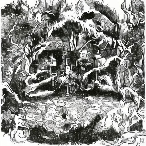 Princess receives blessing from little dark wizards ,monochrome,greyscale,art by jon carling
