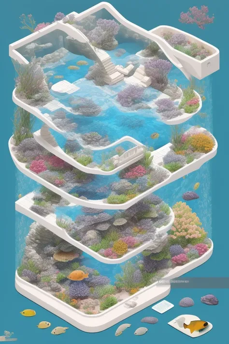 (isometric:1.1) diorama cutaway of aquarium with flowers, two floors, high resolution model, photorealistic