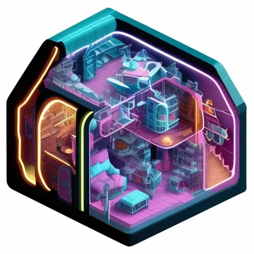 duskametrick15  isometric cutaway neon future buildings incredibly detailed black background dilapidated duskametrick15