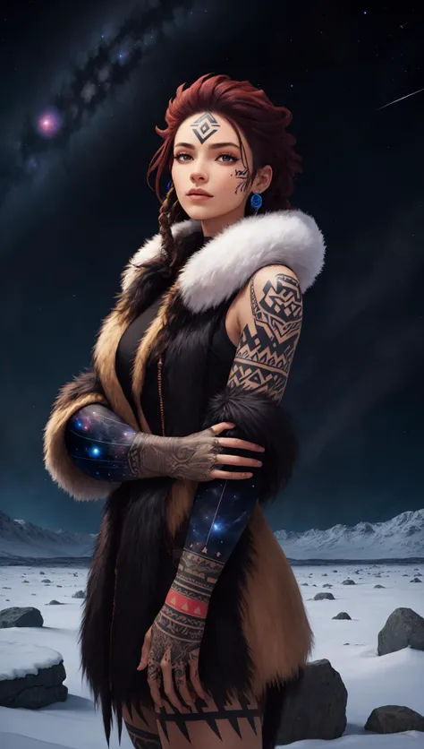 female, women, hunter wearing fur clothes tribal tattoos, stone age technology, ice age, cosmic night sky <lora:EnvyBeautyMix19:0.8>