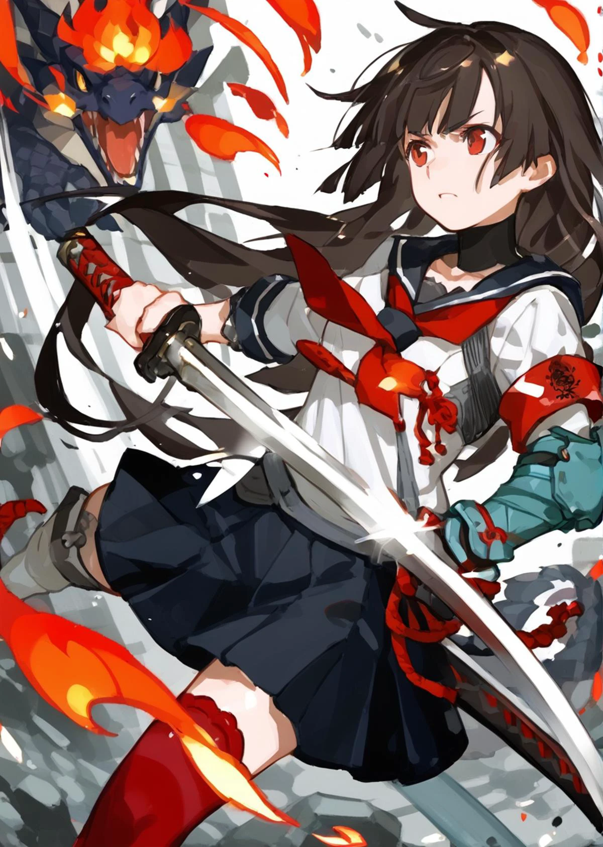 score 9, score 8 up, score 7 up, rating questionable,
detailed background, shiny skin,
<lora:samurai2020.pony:1>,
samurai,
1sword, katana, fight stance,
1girl, dragon, flame, red flower, ruined building, motion blur,