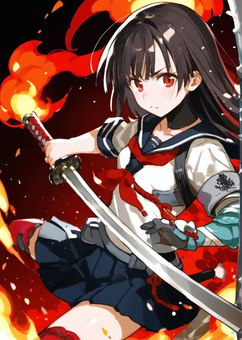 score 9, score 8 up, score 7 up, rating questionable,
detailed background, shiny skin,
<lora:samurai2020.pony:1>,
samurai,
1sword, katana, fight stance,
1girl, dragon, flame, red flower, ruined building,