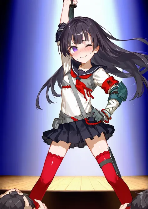 score 9, score 8 up, score 7 up, rating questionable,
detailed background, shiny skin,
<lora:samurai2020.pony:1>,
samurai,
idol stage, spot light, stage light, dancing, one eye closed, nervous smile, blush,