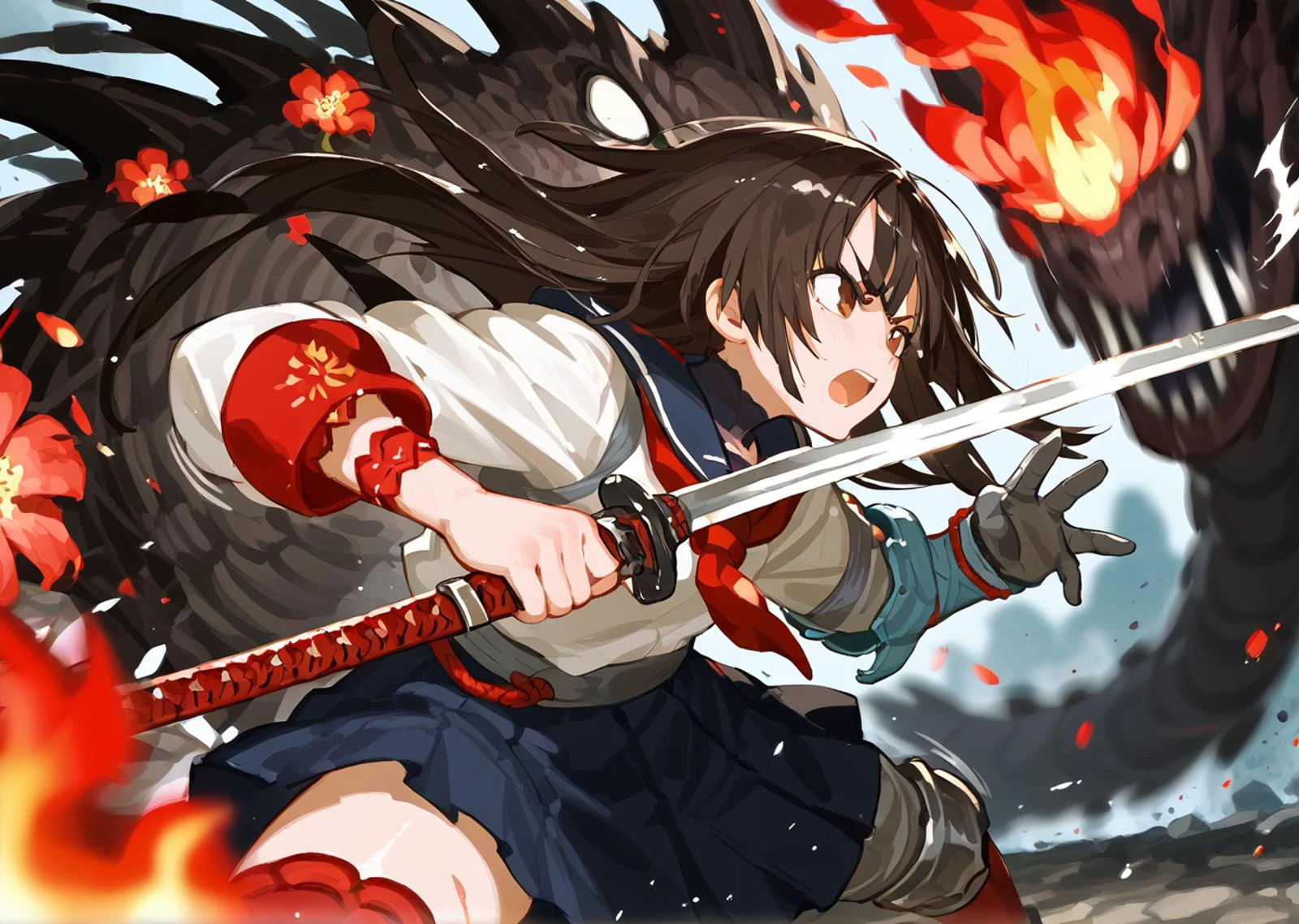 score 9, score 8 up, score 7 up, rating questionable,
detailed background, shiny skin,
<lora:samurai2020.pony:1>,
samurai,
katana, fight stance,
1girl, horrifying dragon, blurred monster, flame, red flower, ruin, motion blur, open mouth, fighting monster, motion line,