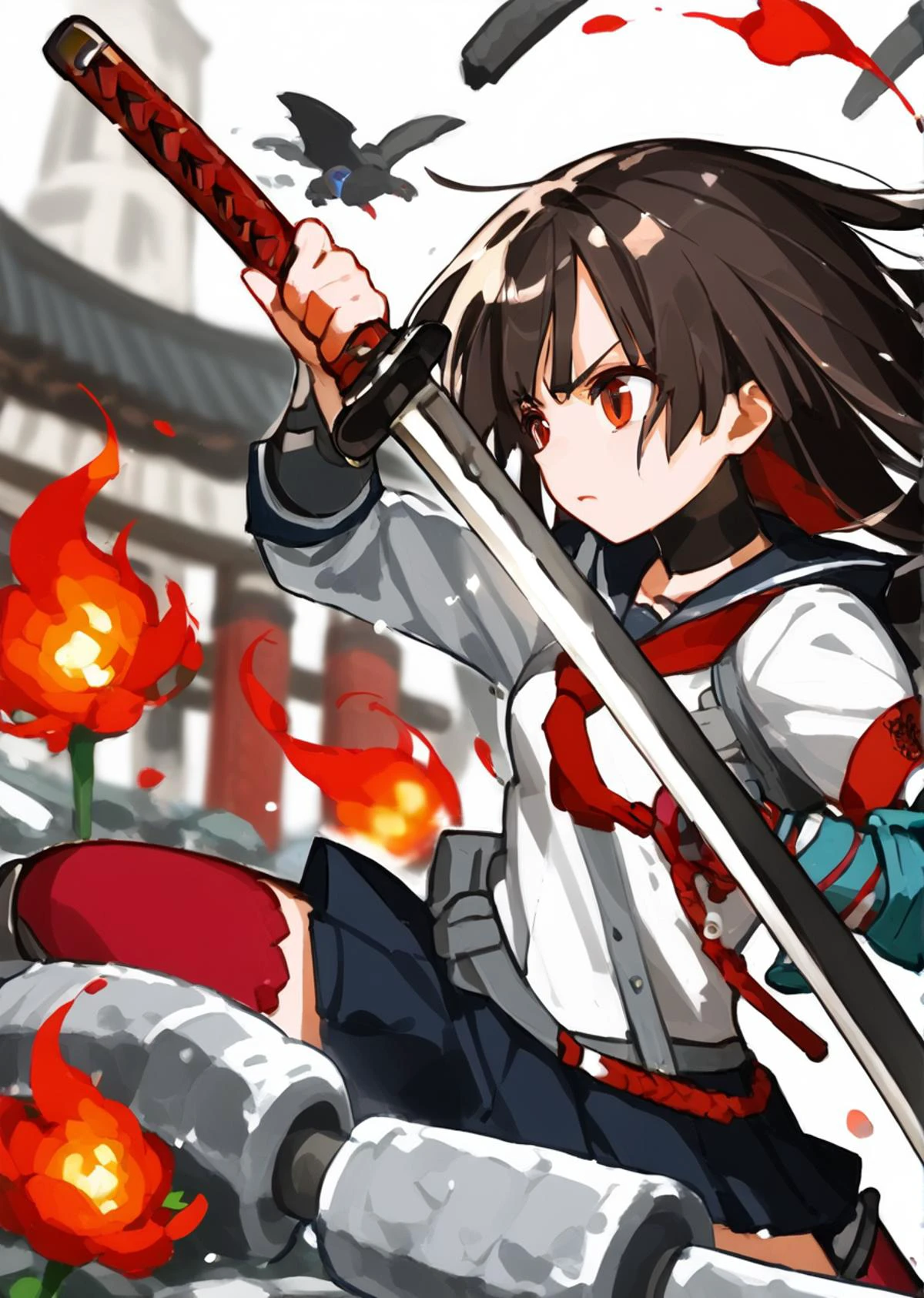 score 9, score 8 up, score 7 up, rating questionable,
detailed background, shiny skin,
<lora:samurai2020.pony:1>,
samurai,
katana, fight stance, drawing sword,
1girl, dragon, blurred monster, flame, red flower, ruin, motion blur,