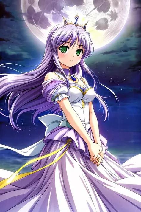 masterpiece, best quality,ultra detail <lora:anmnr01:0.3> <lora:add_detail:0.5>, <lora:yoakena_V1_1:0.7>yoakena, feena fam earthlight, 1girl, solo, green eyes, long hair, purple hair,fullmoon,moonlight,join hands,dress,tiara