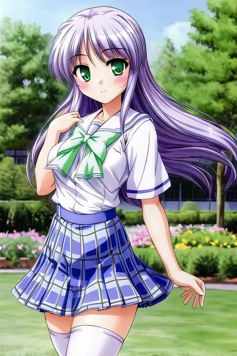 masterpiece, best quality,ultra detail <lora:anmnr01:0.3> <lora:add_detail:0.5>, <lora:yoakena_V1_1:0.7>yoakena, feena fam earthlight, 1girl, solo, green eyes, long hair, purple hair,skirt, school uniform,plaid, plaid skirt, bow, pleated skirt,serafuku,shirt, bowtie, blue skirt, white shirt, thighhighs,short sleeves, zettai ryouiki,white thighhighs,strong wind,stylish pose,smile,school garden