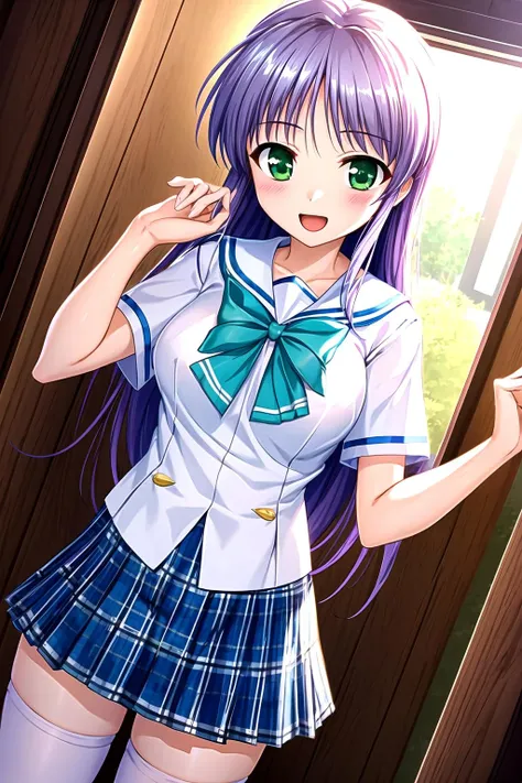 best quality, ultra-detailed, an extremely delicate and beautiful, high resolution, extremely detailed CG, masterpiece,
cowboy shot,
happy,
(medium breasts:1.1),
yoakena, feena fam earthlight, 1girl, solo, green eyes, long hair, purple hair,
skirt, school uniform,plaid, plaid skirt, bow, pleated skirt,serafuku,shirt, bowtie, blue skirt, white shirt, thighhighs,short sleeves, zettai ryouiki,white thighhighs,
<lora:yoakena_V1_1-000015:0.7>,
<lora:outline:-0.3>, <lora:add_detail:0.2>,