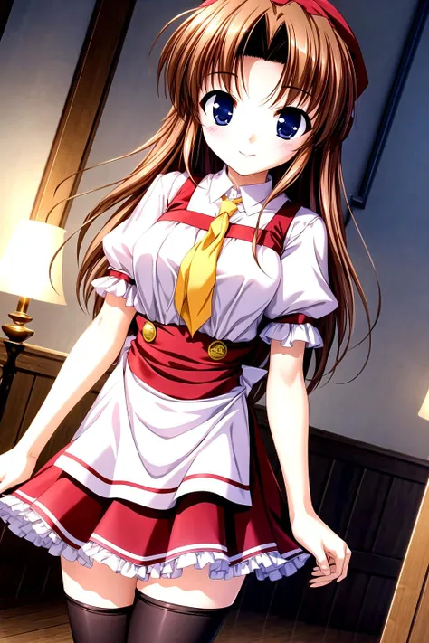 1girl, brown hair, blue eyes, indoor, red dress, smile, game cg