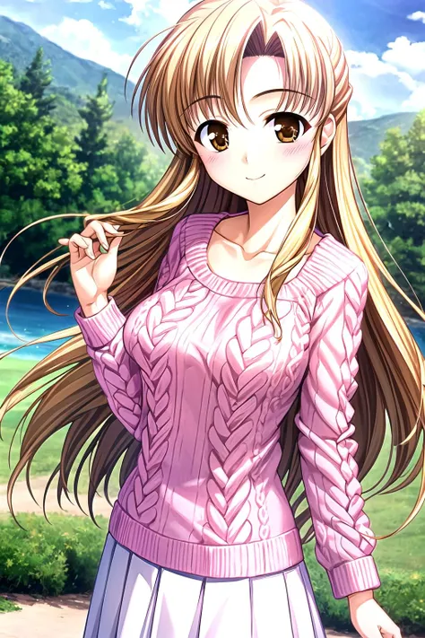 best quality, ultra-detailed, an extremely delicate and beautiful, high resolution, extremely detailed CG, masterpiece,
cowboy shot,
seductive smile,
(medium breasts:1.1),
yoakena, hozumi sayaka, 1girl, solo, long hair, brown hair, brown eyes, wavy hair,blonde hair,
pink sweater, white long skirt,
<lora:yoakena_V1_1-000015:0.7>,
<lora:outline:-0.3>,  <lora:add_detail:0.4>,