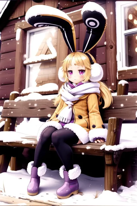 <lora:Usalia:0.8> usalia , :< , purple eyes , blond hair , earmuffs, yellow coat , fur-trimmed sleeves ,black pantyhose, long sleeves white scarf , rabbit tail, boots , bunny ears,
sitting , wood bench ,
snow , village , wooden houses , icicles, snowflakes