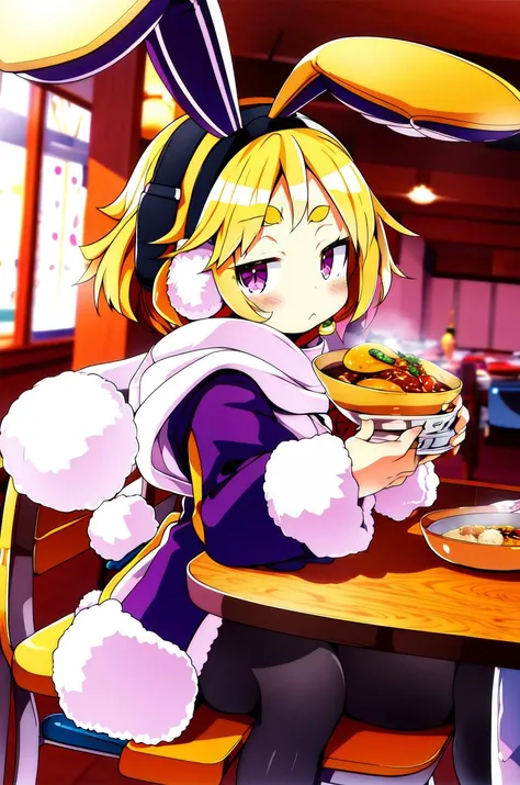 <lora:Di Usalia V2:0.8> usalia , :<, purple eyes , blond hair , earmuffs, yellow coat , fur-trimmed sleeves ,black pantyhose, long sleeves white scarf , rabbit tail, bunny slippers, bunny ears
sitting on a chair , table , food , (curry , bowl of curry , restaurant:1.2)
looking at the food , heart eyes
