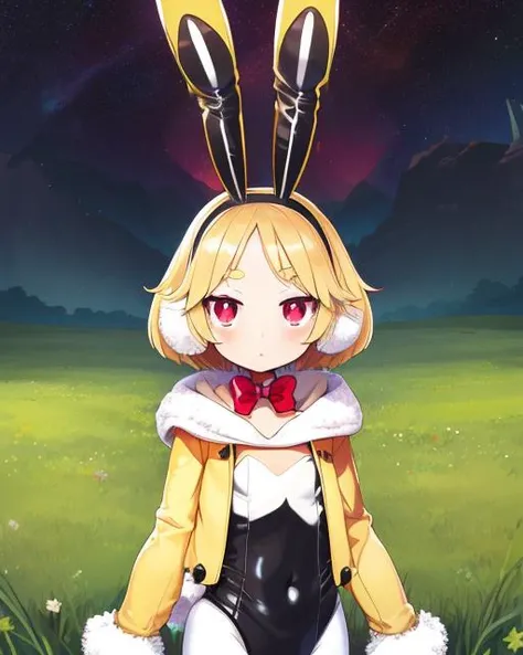 Usalia, short blond hair,red eyes ,short eyebrows, standing, upper body,
UsaJac,rabbit ears with a black hairband, yellow fur-trimmed jacket, white scarf, white leotard with black pantyhose, rabbit tail, bunny slippers, red bowtie,covered navel ,
carrot farm, outer space, grass,
(insanely detailed, beautiful detailed face, masterpiece, best quality) <lora:Usalia:0.8>