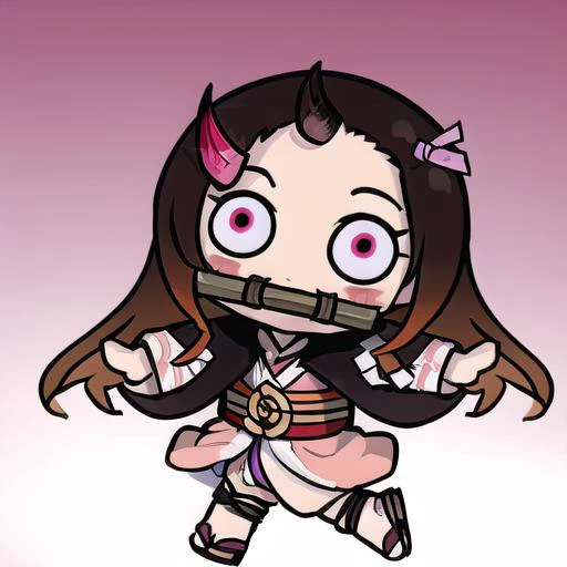 best quality, masterpiece,  
<lora:kamado_nezuko_offset:1> ,kamado nezuko, (bit gag, gagged:1.3), brown hair, checkered sash, gradient hair, hair ribbon, haori, japanese clothes, kimono, long hair, multicolored hair, orange hair, pink eyes, pink kimono, pink ribbon, ribbon, horn,<lora:teri:1.0> teriderp, chibi, running