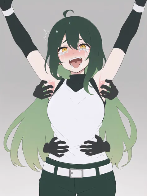 masterpiece, best quality, 1girl, solo, yellow eyes, gradient eyes, green hair, multicolored hair, gradient hair, shirt, pants, tears, blush, scared, screaming, teeth, evil smile, smile, tongue out, laughing, open mouth, rolling eyes, looking up, full body, armpits, arms up, (torso grab, tickling, gloves, disembodied limb:1.2), tkl