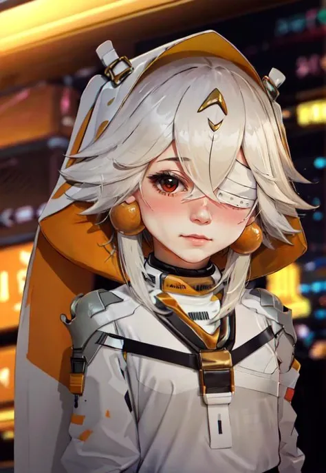 (masterpiece, top quality, best quality, official art, beautiful and aesthetic:1.2, photorealistic:1.1, ), strong wind, dynamic, shy, blush, blush stickers, cyberpunk, futuristic, sci-fi,
leibei1,<lora:leibei1_640_0.35_128_any3_AdamW_networks.lora_lora-000016:0.9>,red eyes,1girl,solo,hood,cloak,white dress,earrings,eyepatch,hair ornament, short hair,looking at viewer, head_tilt, close up,