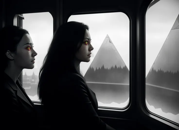 three cornered window, back of head shot of (woman looking out of triangle window:1.1), 3rd person, Looking out the triangular window of a (train:1.1) with triangular windows, triangular windows and triangular, wheels, in a fantasy world,
psychedelic, geometric, vivid light, high contrast, triadic colors, dark shadows, explosions, nuclear mushroom cloud, nuclear explosion, dystopian nightmare,
(beautiful composition),
21 yo woman,