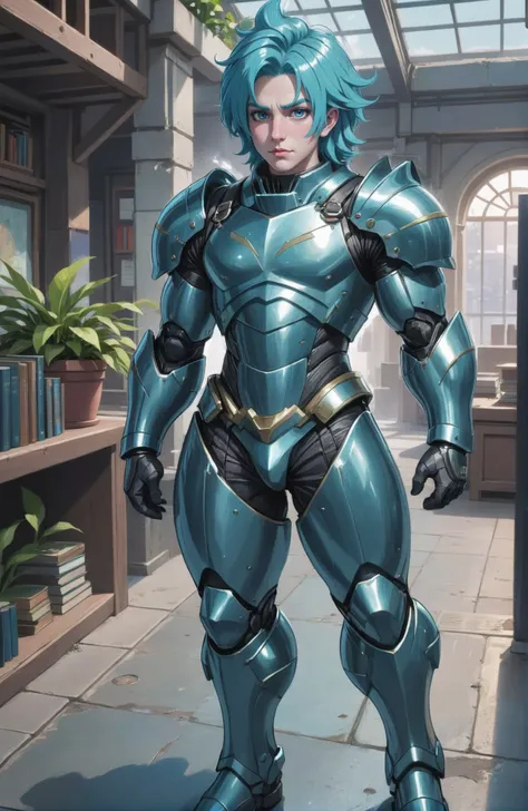 (full body:1.2), 1boy, man, ruggedly handsome, solo, [:outlandish costume design,:0.2] antipaladin, caucasian, skyblue hair, (muscular:1) build, Vintage bookstore in a atrium with hanging plants in a impossible fantasy underwater metropolis edge of reality, masterpiece<lora:EnvyHeavyArmorXL01:0.9>