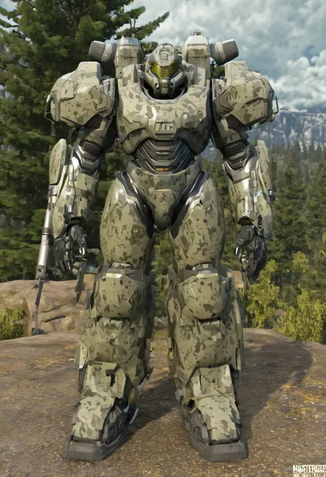 masterpiece, absurd resolution, 8k, power armor, ((best quality)),((masterpiece)),((highres)),((detailed)), original, full body, <lora:EnvyZoomSliderXL01:-1.25>, 1boy, blond hair, mecha, power armor, armor, heavy armor, solo, standing, sky, cloud, armor, fir trees, science fiction, realistic, military, detailed, (Desert Camouflage paint job),