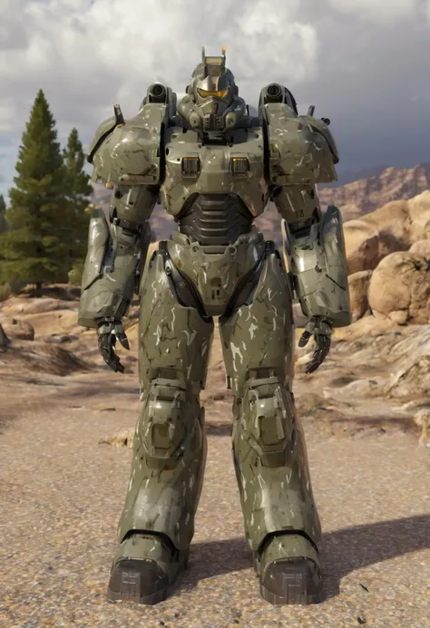 masterpiece, absurd resolution, 8k, power armor, ((best quality)),((masterpiece)),((highres)),((detailed)), original, full body, 1boy, mecha, power armor, armor, heavy armor, solo, standing, sky, cloud, armor, fir trees, science fiction, realistic, military, detailed, (Desert Camouflage paint job), blond hair