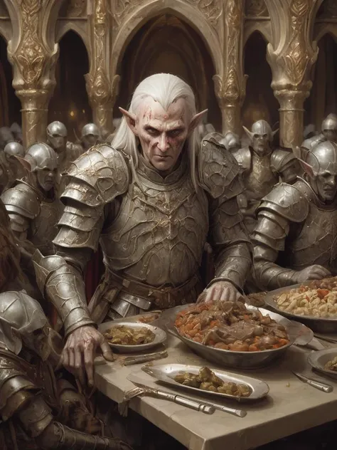 highly detailed masterpiece of a elven cannibal at a gaudy banquet, elaborate background, people look disgusted <lora:Envy Heavy Armor - 01 - SDXL:0.75>