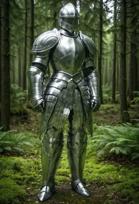 heavy armor, (18yo Boy), atheletic figure, caucasian, shiny ais-steelz metal armor, Gothic plate armor, helmet, Pauldron, full armor, full body shot,  standing on the  ground, background is a lush green mystic fir forest landscape,