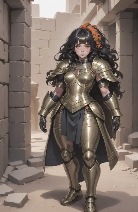 1girl, woman, (full body:1.2), 1boy, man, solo, [:formal costume design,:0.2] priest, caucasian, linen hair, (average:1) build, old, bombshell hair, black hair with red-orange highlights, curly hair, long hair, thicc body, wide hips, narrow waist, medium breasts, chinese, brightly lit interior, in a abandoned Ancient Egyptian burial chamber<lora:EnvyHeavyArmorXL01:0.9>