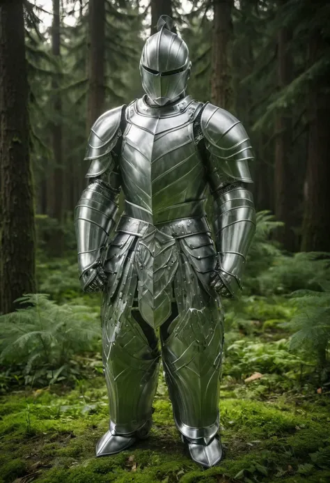 heavy armor, (18yo Boy), atheletic figure, caucasian, shiny ais-steelz metal armor, Gothic plate armor, helmet, Pauldron, full armor, full body shot,  standing on the  ground, background is a lush green mystic fir forest landscape,