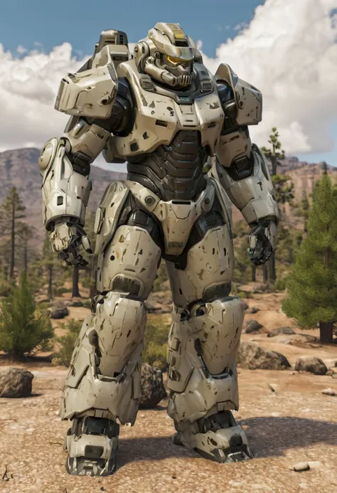 masterpiece, absurd resolution, 8k, power armor, ((best quality)),((masterpiece)),((highres)),((detailed)), original, full body, 1boy, mecha, power armor, armor, heavy armor, solo, standing, sky, cloud, armor, fir trees, science fiction, realistic, military, detailed, (Desert Camouflage paint job), blond hair