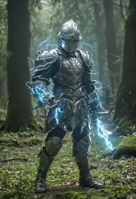 heavy armor, (18yo Boy), athletic figure, caucasian, lightning wizard, casting azure magic spell, lightning arcing from hand to out of frame, shiny steel metal armor, Gothic plate armor, helmet, Pauldron, full armor, full body shot, walking, background is a lush green mystic fir forest landscape,