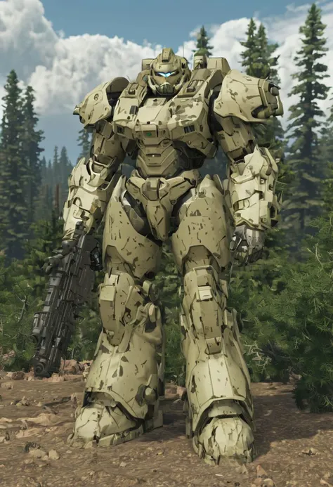 masterpiece, absurd resolution, 8k, power armor, ((best quality)),((masterpiece)),((highres)),((detailed)), original, full body, <lora:EnvyZoomSliderXL01:-1.25>, 1boy, blond hair, mecha, power armor, armor, heavy armor, solo, standing, sky, cloud, armor, fir trees, science fiction, realistic, military, detailed, (Desert Camouflage paint job),