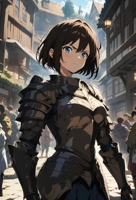 1girl, (solo:1.1) standing, cowboy shot, toned, medium breasts, intricate dark brown hair, (blue eyes:1.15), (bob cut:1.1), (short hair:1.1), (blunt ends:1.2), left swept bangs, serious, determined, knight armor, proud knight, detailed ultra photorealistic fantasy medieval town, stone walls, stone path, wooden building, crowd, crowded, shops, noon, cinematic angle, anime artwork, anime style, key visual, vibrant, studio anime,  highly detailed, anime coloring, cel shading,  newest, masterpiece, best quality,  
<lora:style-enhancer-xl:0.6> <lora:EnvyHeavyArmorXL01:0.6>