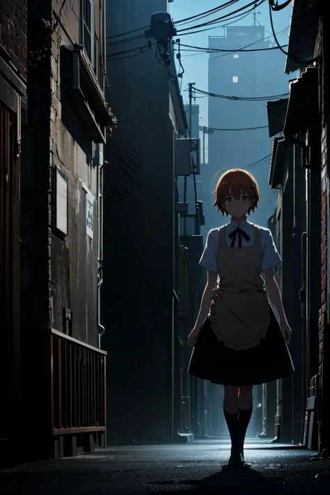 masterpiece, best quality, ultra detailed, highres, masterpiece, best quality, highres
aamahiru, short hair, hair ornament, neck ribbon, waitress, {yellow apron:1.1), (white shirt:1.2), short sleeves, black skirt
<lora:inami_mahiru_v1:0.7>
Returning home, unexpected encounter, mysterious figure, eerie atmosphere, dimly lit street, startled, apprehensive, unfamiliar presence, shadowy silhouette, surprise, curious, tense, solitary encounter
