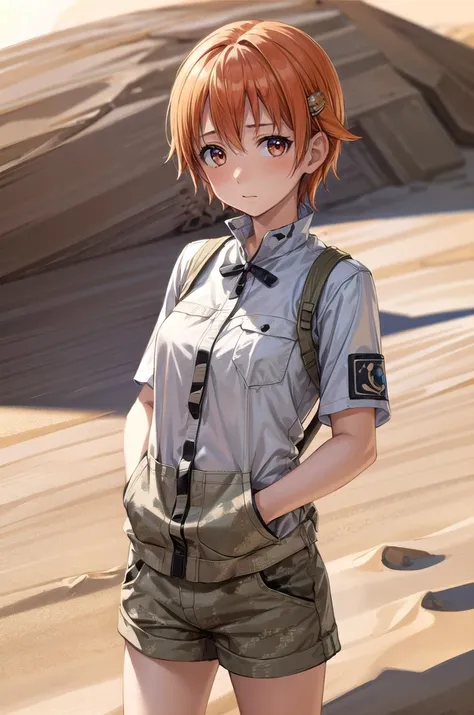 (masterpiece, best quality, detailed), 1girl, solo, looking at viewer, aamahiru, short hair, hair ornament,
<lora:camouflage_uniform04:0.5>, wearing camouflage_uniform, desert, sand, dust, sun, hands in pockets, closed mouth