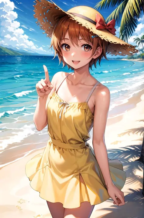 Reddish brown hair Short Bob Brown eyes beautiful girl Yellow swimsuit blue sea White sand beach Light of the sun smile