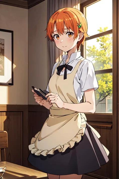 masterpiece, best quality, ultra detailed, highres, Highly detailed, High Quality, Masterpiece, beautiful,
aamahiru, orange hair, short hair, hair ornament, neck ribbon, waitress, {yellow apron:1.1), (white shirt:1.2), short sleeves, black skirt, <lora:inami_mahiru_v1:0.7>, indoors