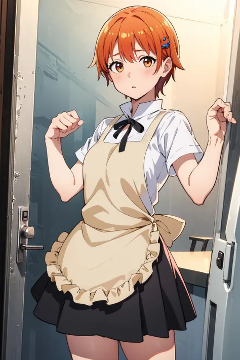 masterpiece, best quality, ultra detailed, highres, masterpiece, best quality, highres, aamahiru, short hair, hair ornament, neck ribbon, waitress, {yellow apron:1.1), (white shirt:1.2), short sleeves, black skirt, <lora:inami_mahiru_v1:0.7>, standing, cowboy shot, punching,