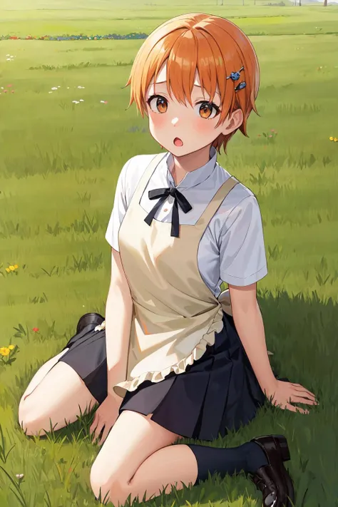 masterpiece, best quality, highres, aamahiru, short hair, hair ornament, neck ribbon, waitress, {yellow apron:1.1), (white shirt:1.2), short sleeves, black skirt, <lora:inami_mahiru_v1:0.7>, :o, grass, field, wariza