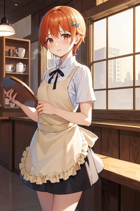 masterpiece, best quality, highres, aamahiru, short hair, hair ornament, neck ribbon, waitress, {yellow apron:1.1), (white shirt:1.2), short sleeves, black skirt, <lora:inami_mahiru_v1:0.7>, standing, cowboy shot, cafe, indoors, holding tray