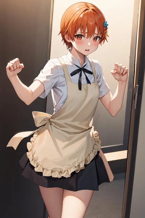masterpiece, best quality, highres, aamahiru, short hair, hair ornament, neck ribbon, waitress, {yellow apron:1.1), (white shirt:1.2), short sleeves, black skirt, <lora:inami_mahiru_v1:0.7>, standing, cowboy shot, punching,