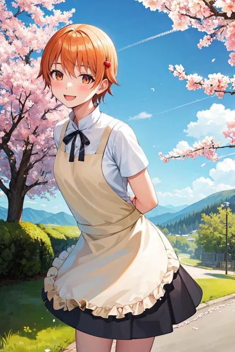 masterpiece, best quality, highres, aamahiru, short hair, hair ornament, neck ribbon, waitress, {yellow apron:1.1), (white shirt:1.2), short sleeves, black skirt, <lora:inami_mahiru_v1:0.7>, standing, cowboy shot, leaning forward, arms behind back, smile, open mouth, cherry blossoms, outdoors,
