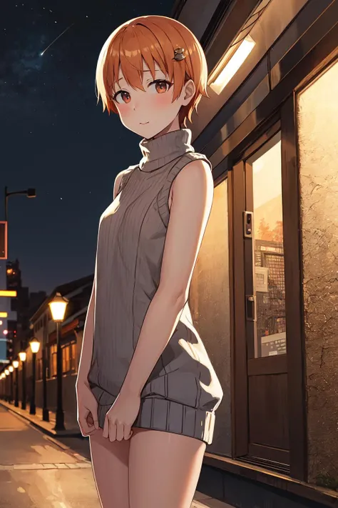 masterpiece, best quality, highres, aamahiru, short hair, hair ornament, <lora:inami_mahiru_v1:0.7>, sweater dress, turtleneck, sleeveless, street, night, standing