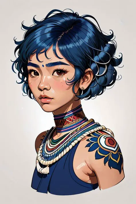 30-year-old, female native Thai portrait, full torso, solid color, fine line, simple, high detail, (best quality, masterpiece, high detail:1.2), thick lines, solo, illustration woman, (pretty face:1.2), blue hair, curly haircut, native clothes,